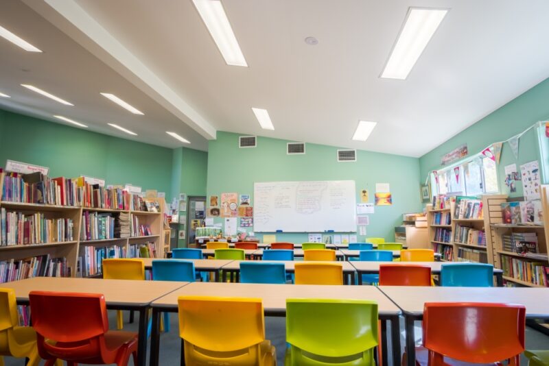 Bright school classroom with all chair facing forward